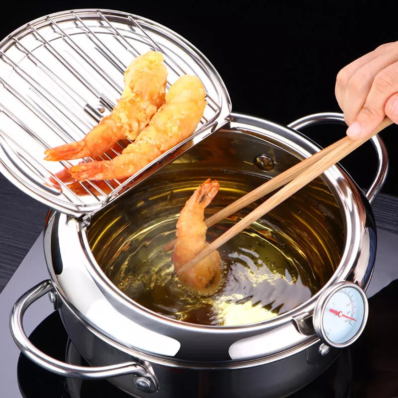 Deep Frying Pot - Japanese Kitchen Fryer with Thermometer and Lid