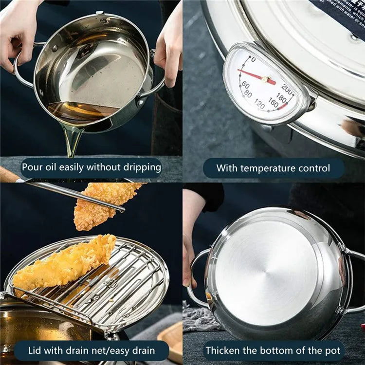 Deep Frying Pot - Japanese Kitchen Fryer with Thermometer and Lid