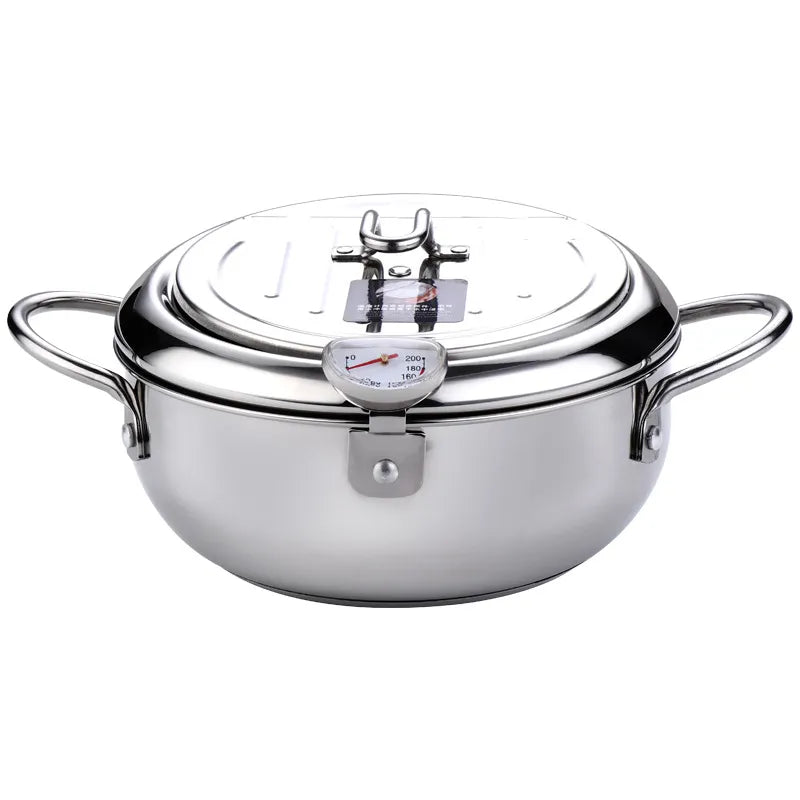 Deep Frying Pot - Japanese Kitchen Fryer with Thermometer and Lid