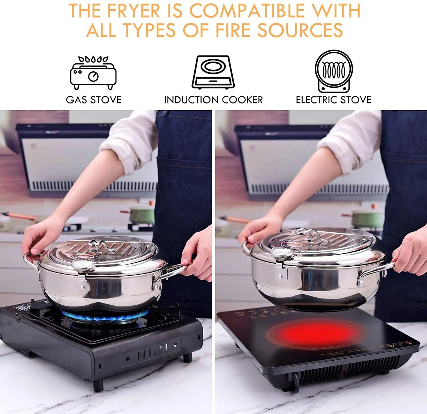 Deep Frying Pot - Japanese Kitchen Fryer with Thermometer and Lid