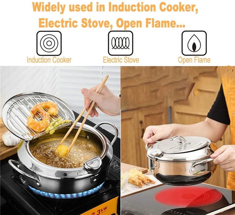 Deep Frying Pot - Japanese Kitchen Fryer with Thermometer and Lid