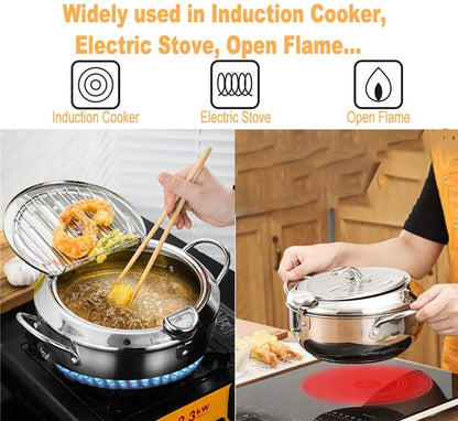 Deep Frying Pot - Japanese Kitchen Fryer with Thermometer and Lid