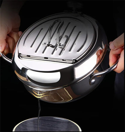 Deep Frying Pot - Japanese Kitchen Fryer with Thermometer and Lid