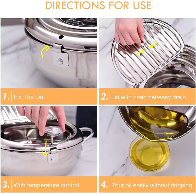 Deep Frying Pot - Japanese Kitchen Fryer with Thermometer and Lid