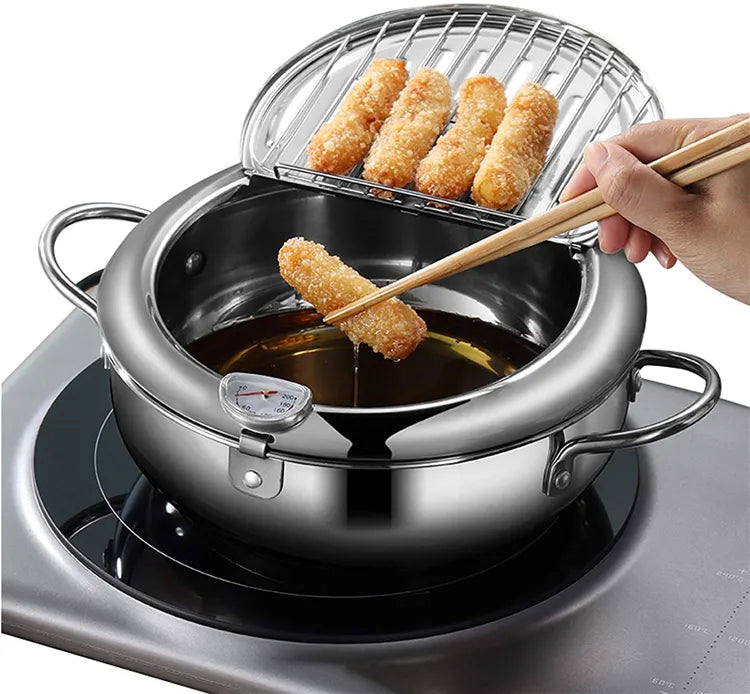 Deep Frying Pot - Japanese Kitchen Fryer with Thermometer and Lid