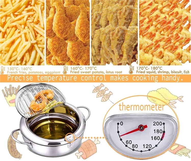 Deep Frying Pot - Japanese Kitchen Fryer with Thermometer and Lid