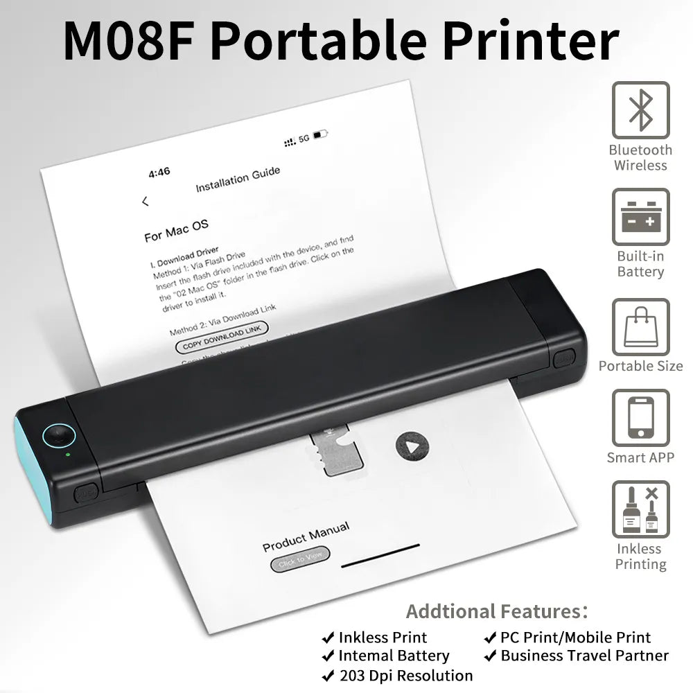 Phomemo M08F A4 Portable Thermal Printer, Supports 8.26"x11.69" A4 Thermal Paper, Wireless Mobile Travel Printers for Car & Office