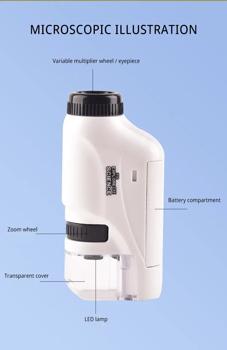 Pocket Microscope Kit for Kids - 60-120x, LED Light, Science Experiment Fun