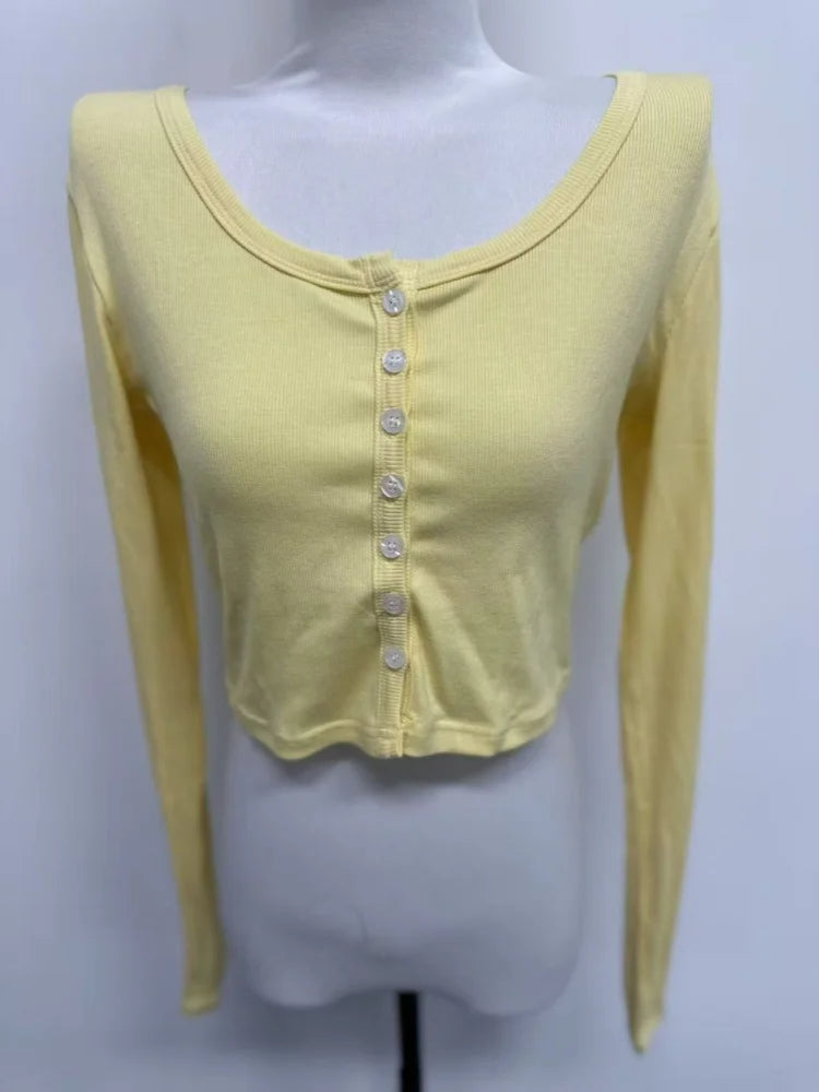 Single Breasted Tshirt Long Sleeve Crop Top Solid Color T Shirts For Women Streetwear Slim Fit Lady Outfit Camisetas Ropa Mujer