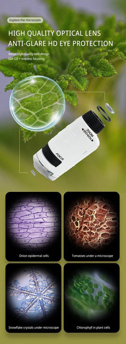 Pocket Microscope Kit for Kids - 60-120x, LED Light, Science Experiment Fun