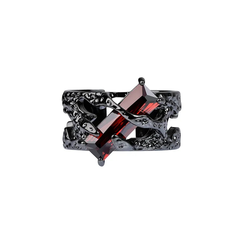 New Punk Black Rings Thorns Vine Twine Red Rhinestones Hollow Unsex Couple Finger Ring Women Men Jewelry Gift